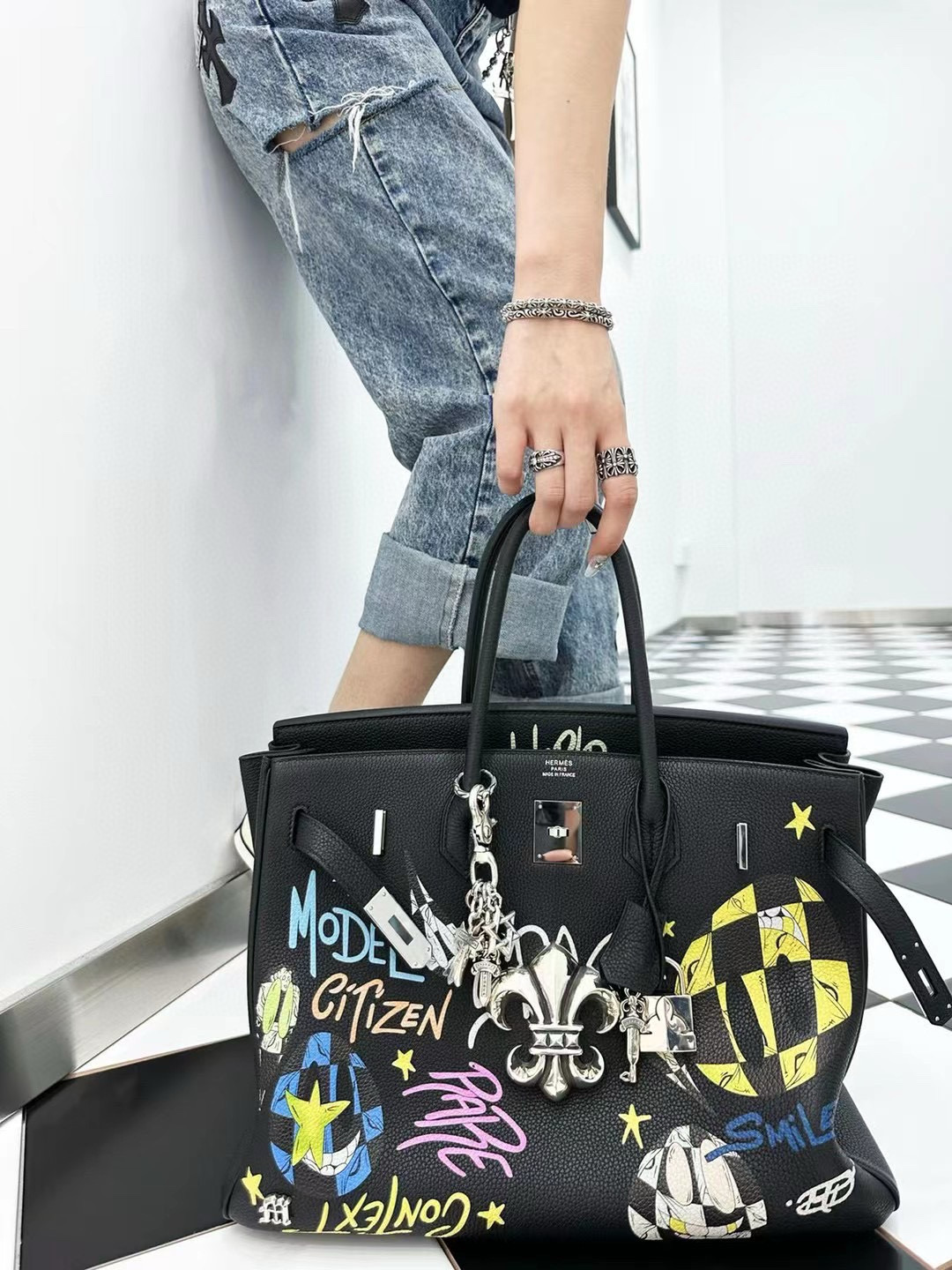 NIGO Chrome Hearts X Hermes X Graffiti Ladies Graffiti Pattern Metal Buckle Leather Tote Bag #nigo97796