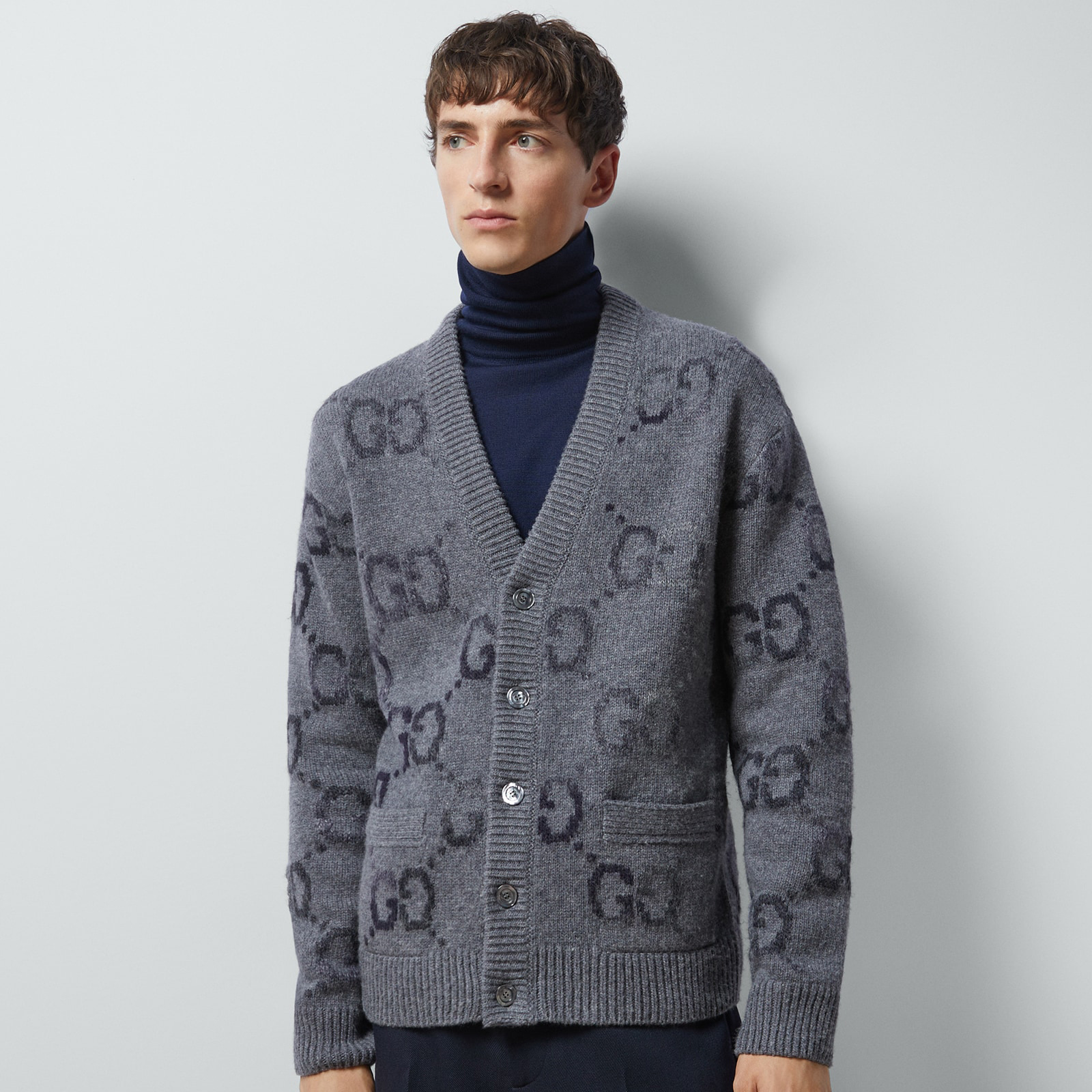 NIGO Gucci Men's Spring and Autumn Grey Pattern Appliquéd Single Breasted V-neck long Sleeved Knit Wool Cardigan With GG Intarsia #nigo97794