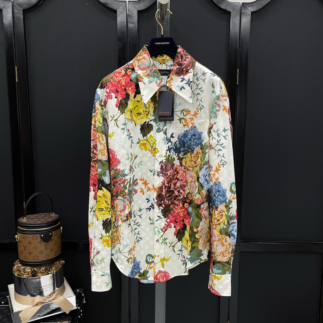 NIGO Louis Vuitton Men's Summer White Floral Print Single Breasted Silk Long Sleeve Shirt #nigo97791