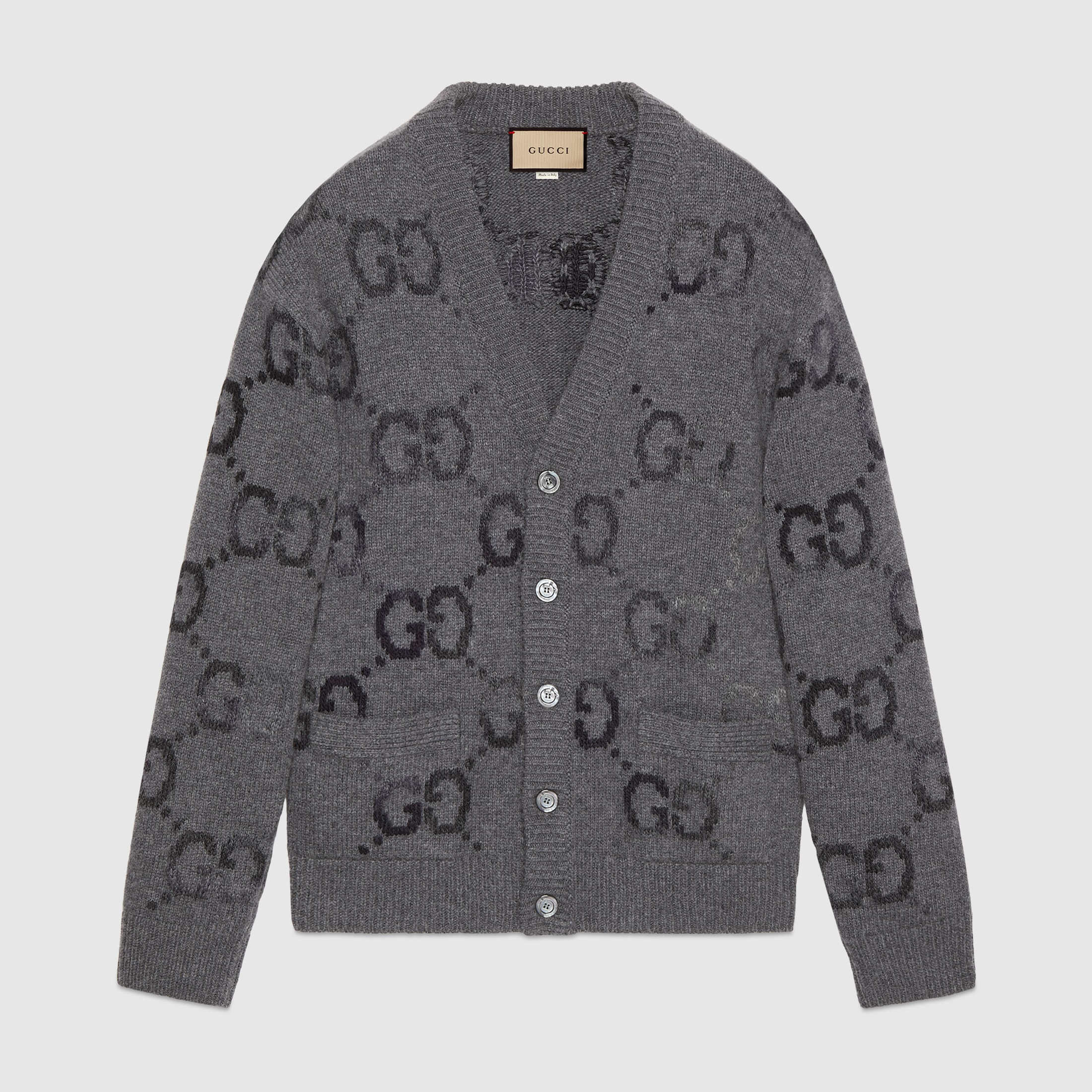 NIGO Gucci Men's Spring and Autumn Grey Pattern Appliquéd Single Breasted V-neck long Sleeved Knit Wool Cardigan With GG Intarsia #nigo97794
