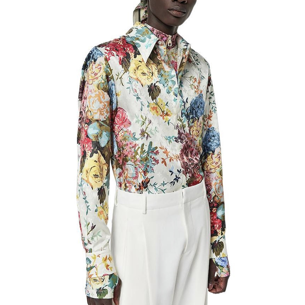 NIGO Louis Vuitton Men's Summer White Floral Print Single Breasted Silk Long Sleeve Shirt #nigo97791