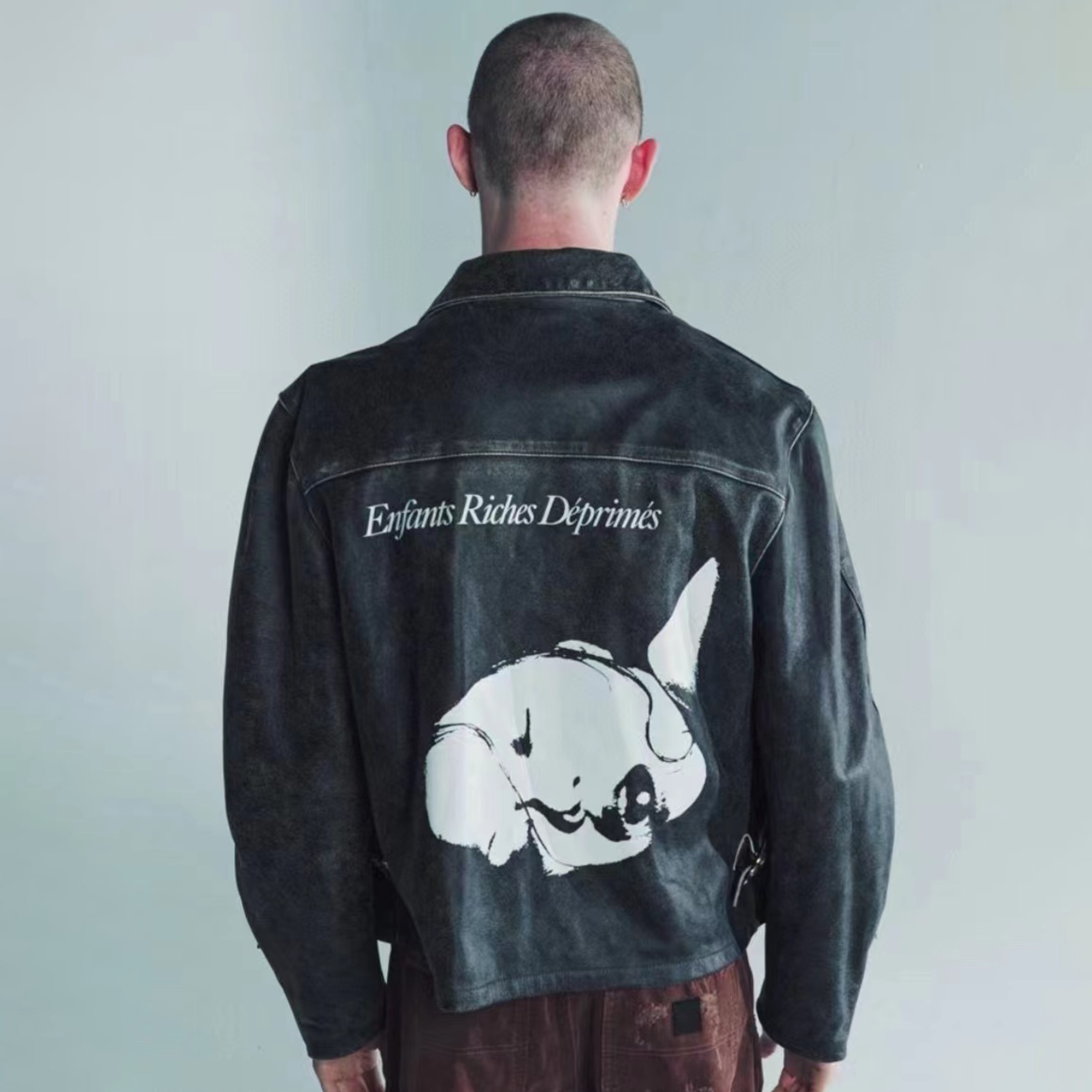 NIGO Enfants Riches Deprimes Men's Fall/Winter Lapel Pocket Zipper Black Printed Fitted Vintage Fashion Long Sleeve Leather Sleep Sound Collared RacerJacket Ngvp #nigo7564