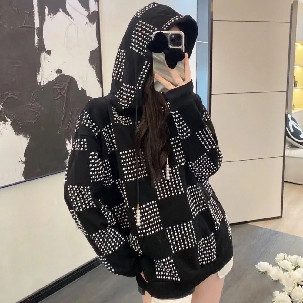NIGO Louis Vuitton Men's Autumn/Winter Full Width Pearl Checkerboard Fleece Hooded Sweatshirt Pullover #nigo97833