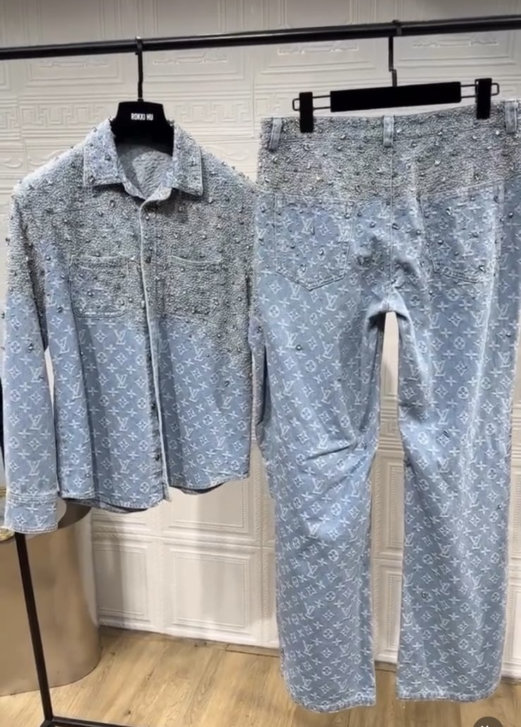 Louis Vuitton Couture denim jacket and trousers set (find customer service to provide height and weight for customisation)