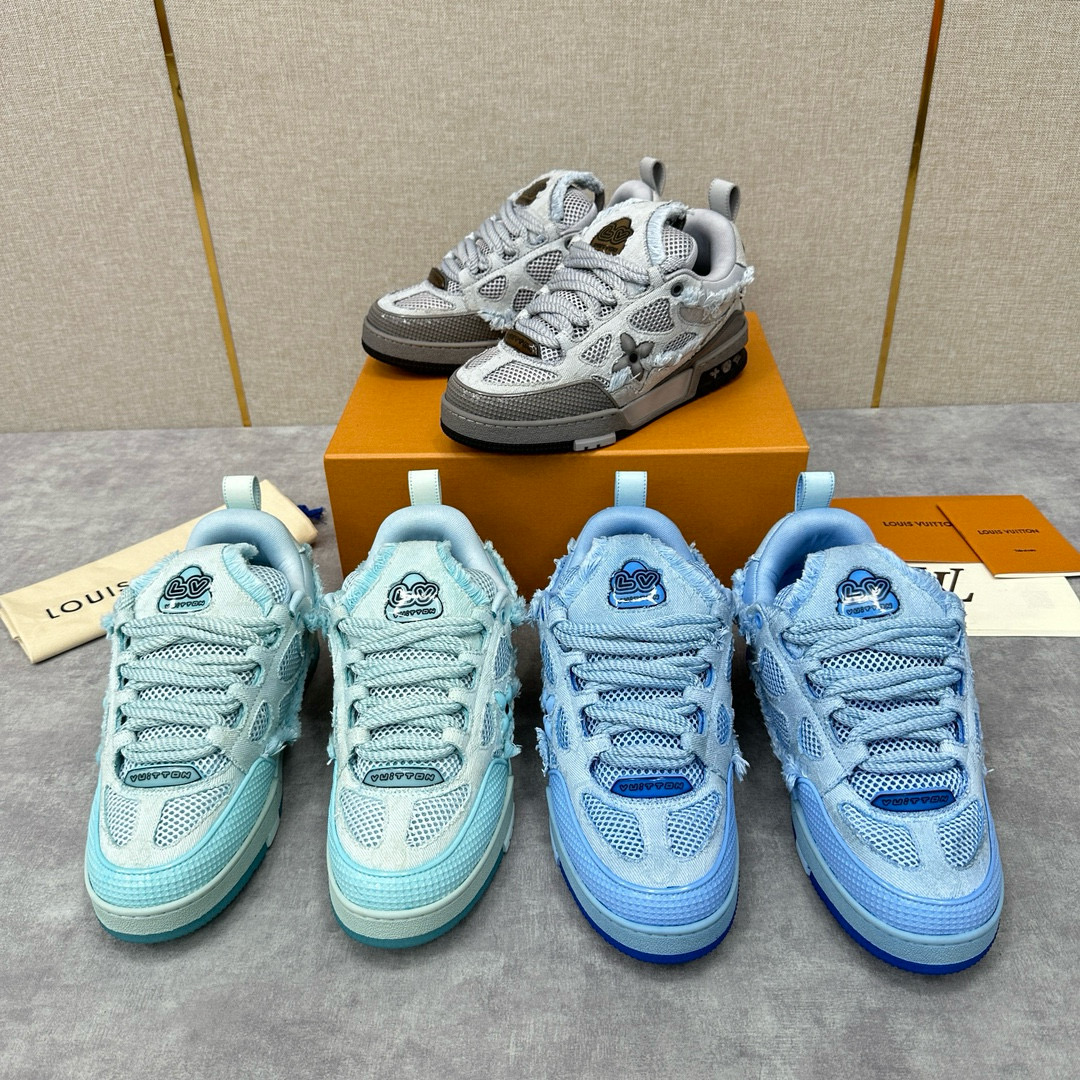 NIGO Louis Vuitton Men's Washed And Distressed Denim Patchwork Mesh Thick-Soled Trainers Pants #nigo97851