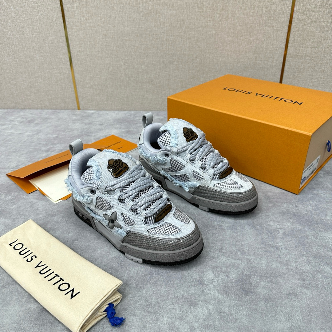 NIGO Louis Vuitton Men's Washed And Distressed Denim Patchwork Mesh Thick-Soled Trainers Pants #nigo97851