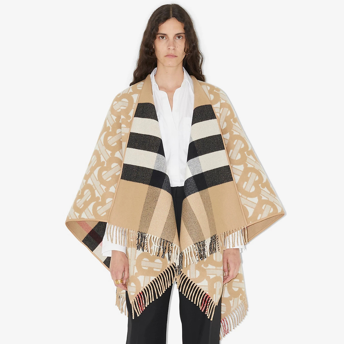NIGO Burberry Women's Winter Reversible Khaki Wool Blend Shawl Poncho Cape #nigo97847