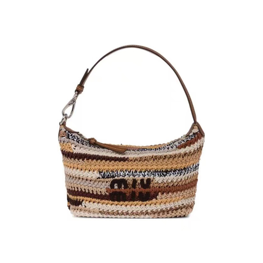 NIGO MiuMiu Ladies Brown Embroidered Engraved Logo Crochet Leather Handle Shoulder Underarm Tote Bag Bags #nigo97874