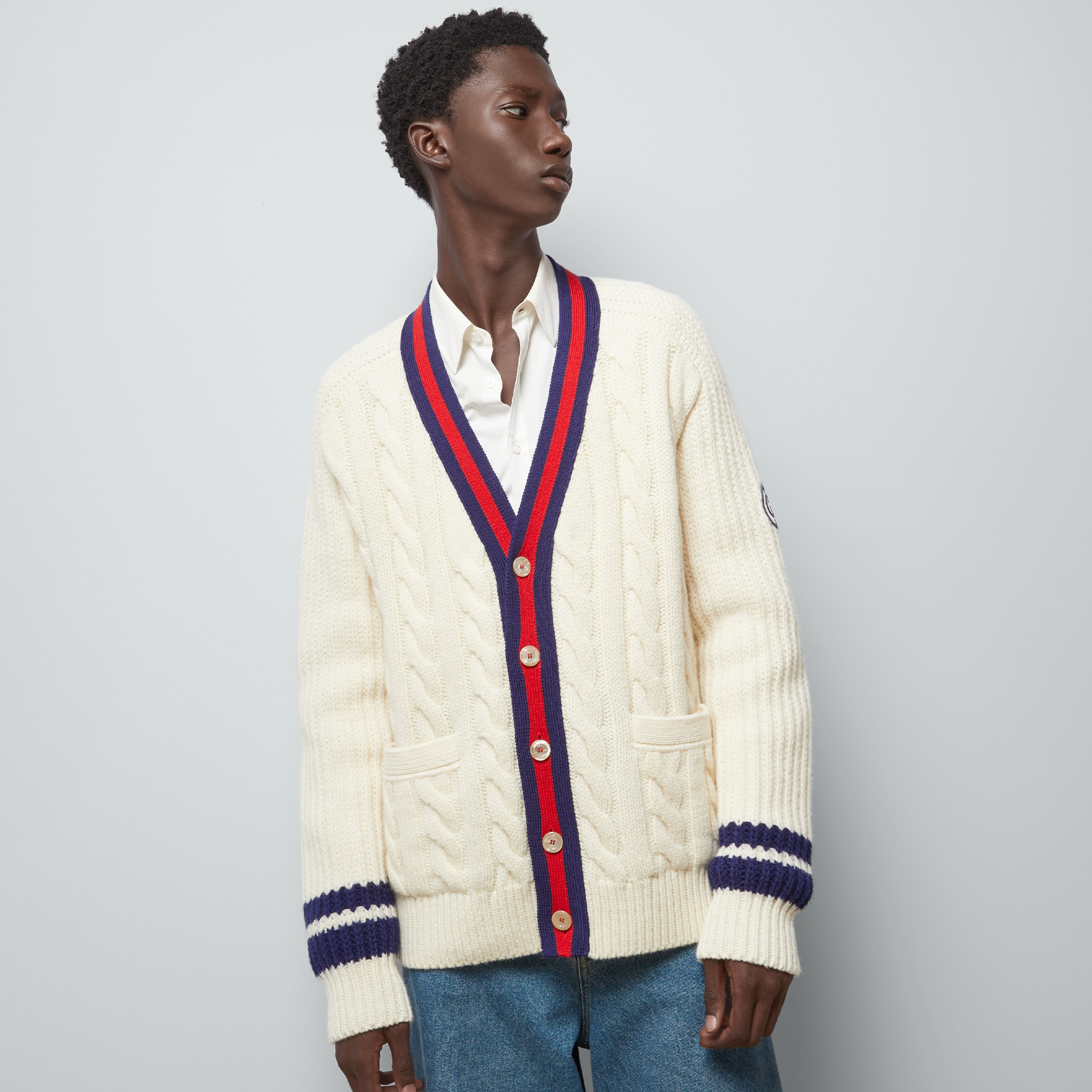 NIGO Gucci Men's Beige Colour Block Stripe V-Neck Single Breasted Long Sleeve Knitted Cardigan #nigo97871