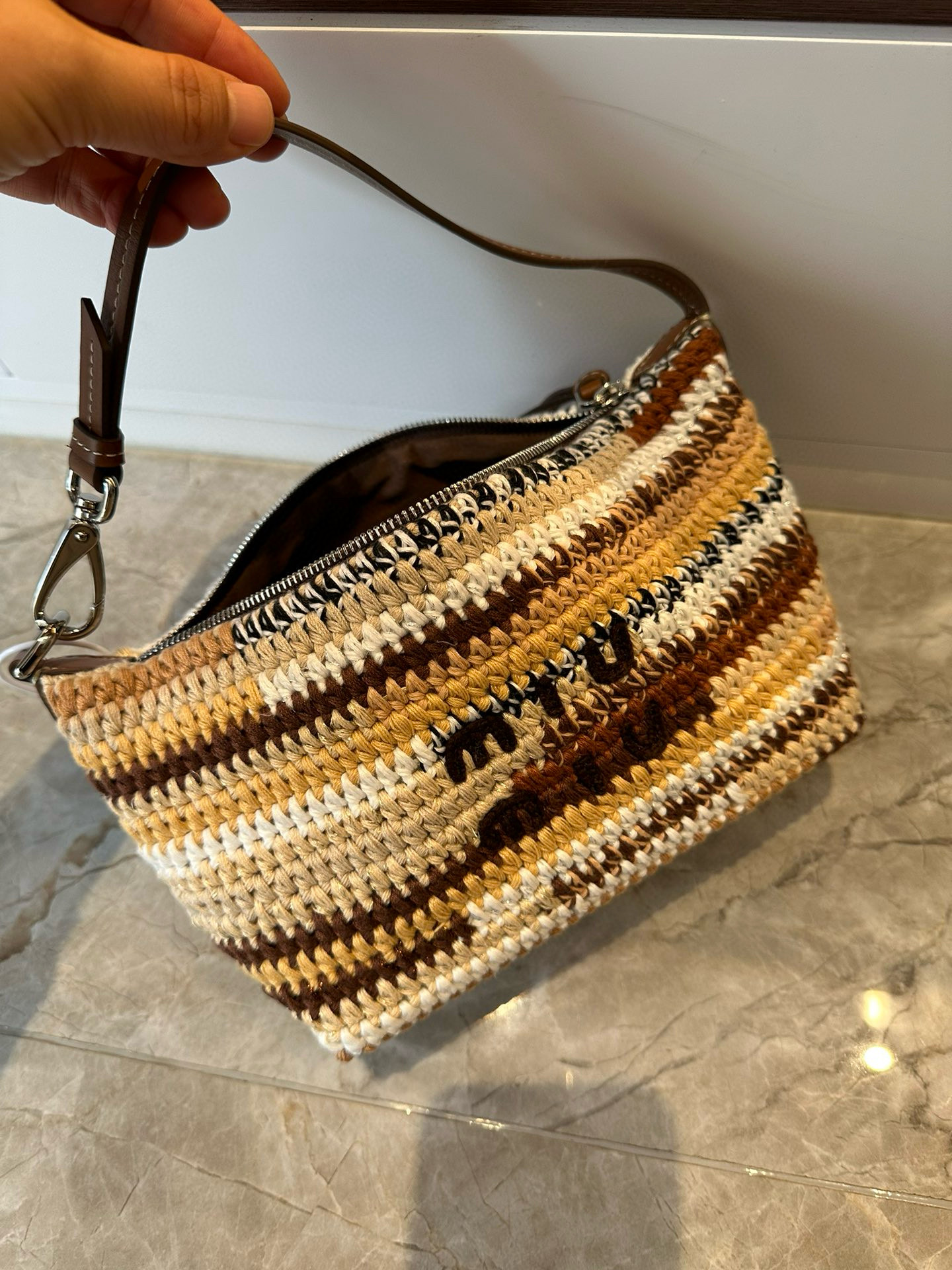 NIGO MiuMiu Ladies Brown Embroidered Engraved Logo Crochet Leather Handle Shoulder Underarm Tote Bag Bags #nigo97874