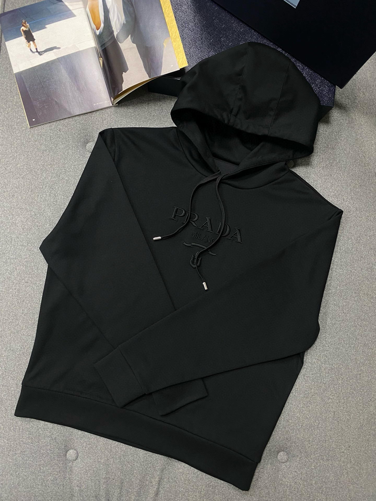 NIGO Prada Men's Autumn/Winter Black and White Embroidered Logo Drawstring Cotton Hooded Sweatshirt Pullover #nigo97749