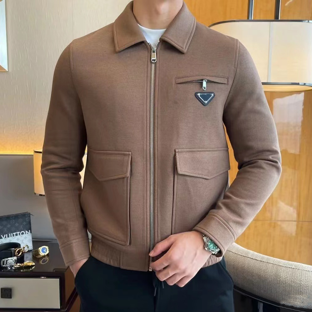 NIGO Prada Men's Autumn/Winter Inverted Triangle Logo Sheep Wool Lapel Zip Up Long Sleeve Jacket #nigo97881