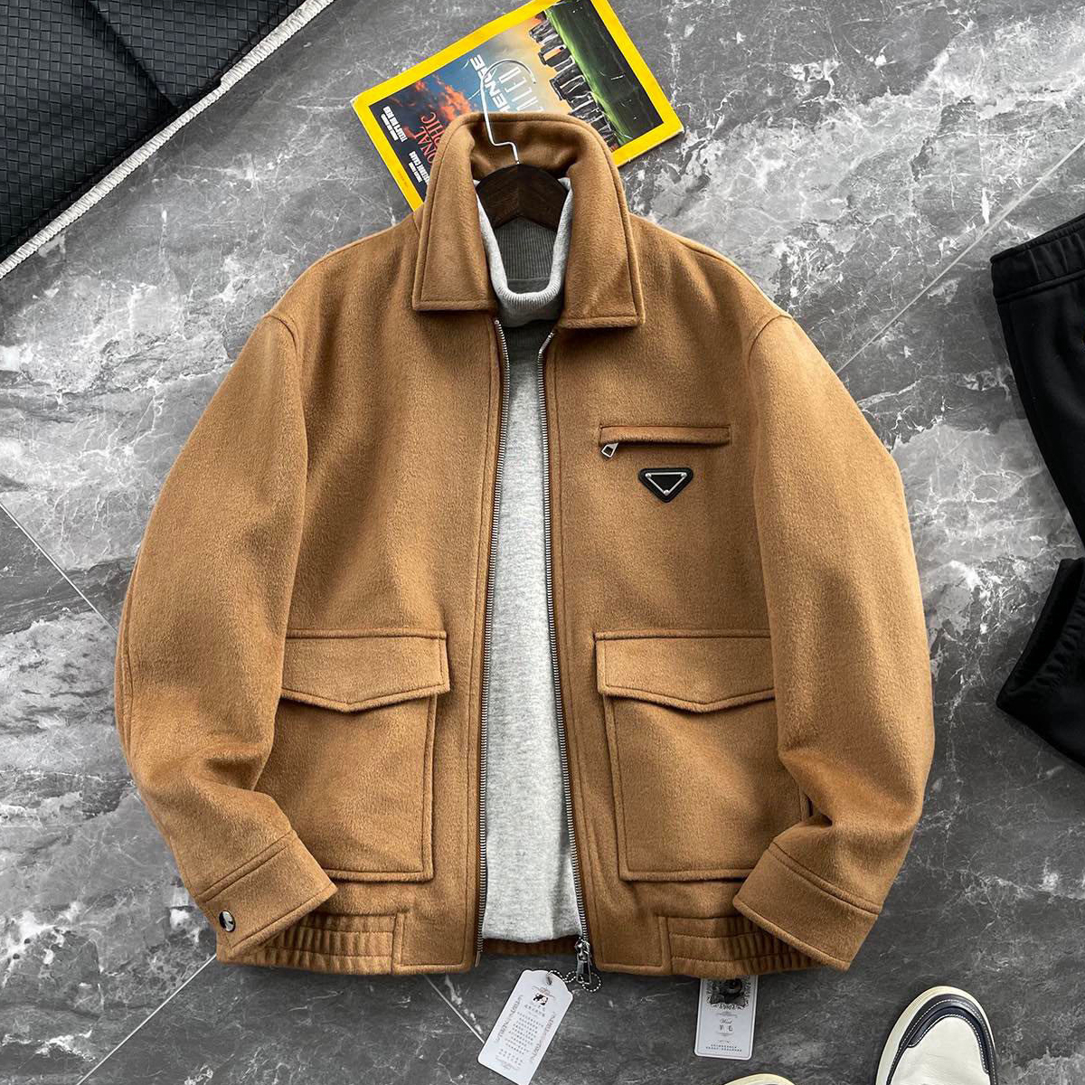 NIGO Prada Men's Autumn/Winter Inverted Triangle Logo Sheep Wool Lapel Zip Up Long Sleeve Jacket #nigo97881