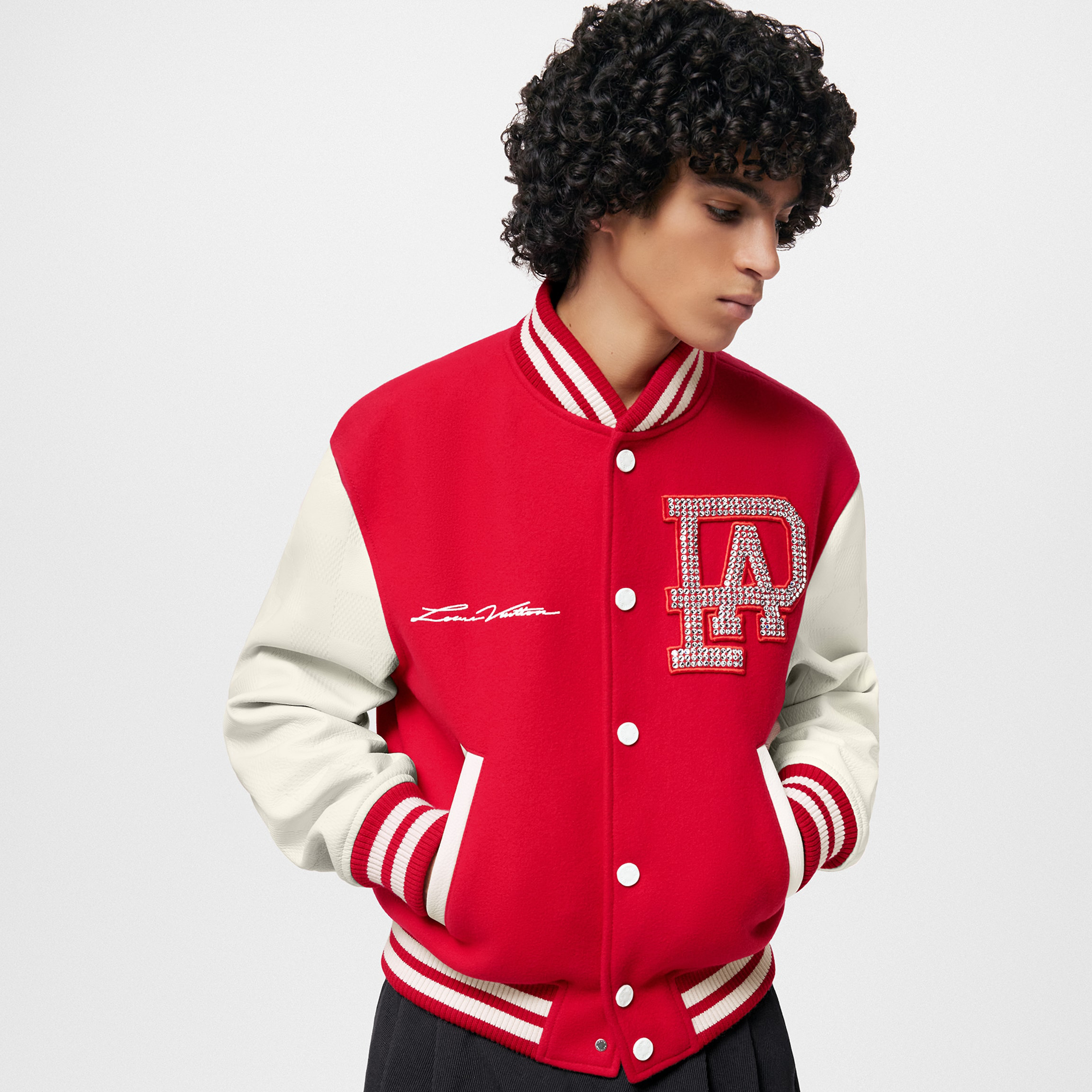 NIGO Louis Vuitton Mix Leather Varsity Blouson Men's and Women's Autumn Winter Color Blocking Embroidery Applique Cowhide Baseball Jacket #nigo97926