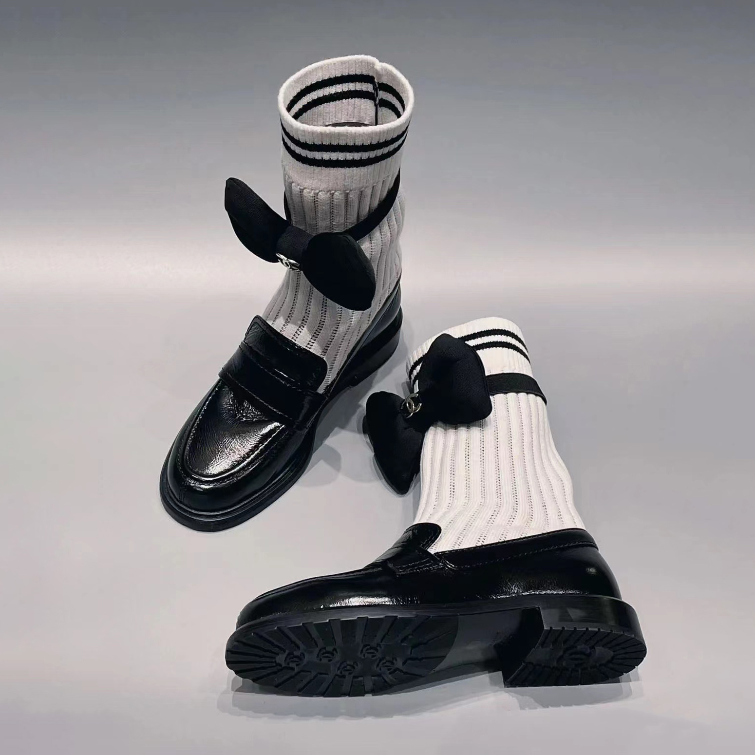 NIGO Chanel Women's Autumn and Winter Black and White Knitted Sock Tube Loafers Shoes #nigo97929