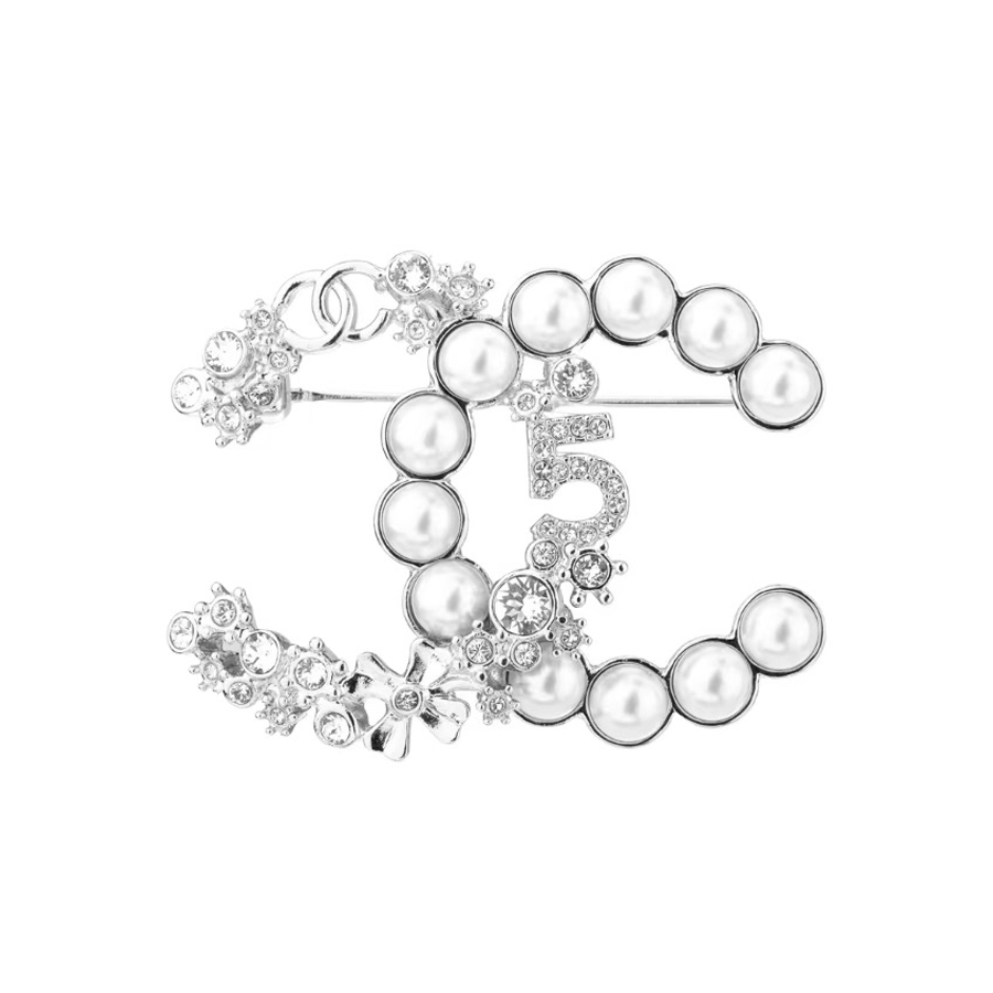 NIGO Chanel Women's White Double C Alphanumeric 5 Metal Artificial Pearl Rhinestone Brooch Jewelry #nigo97919