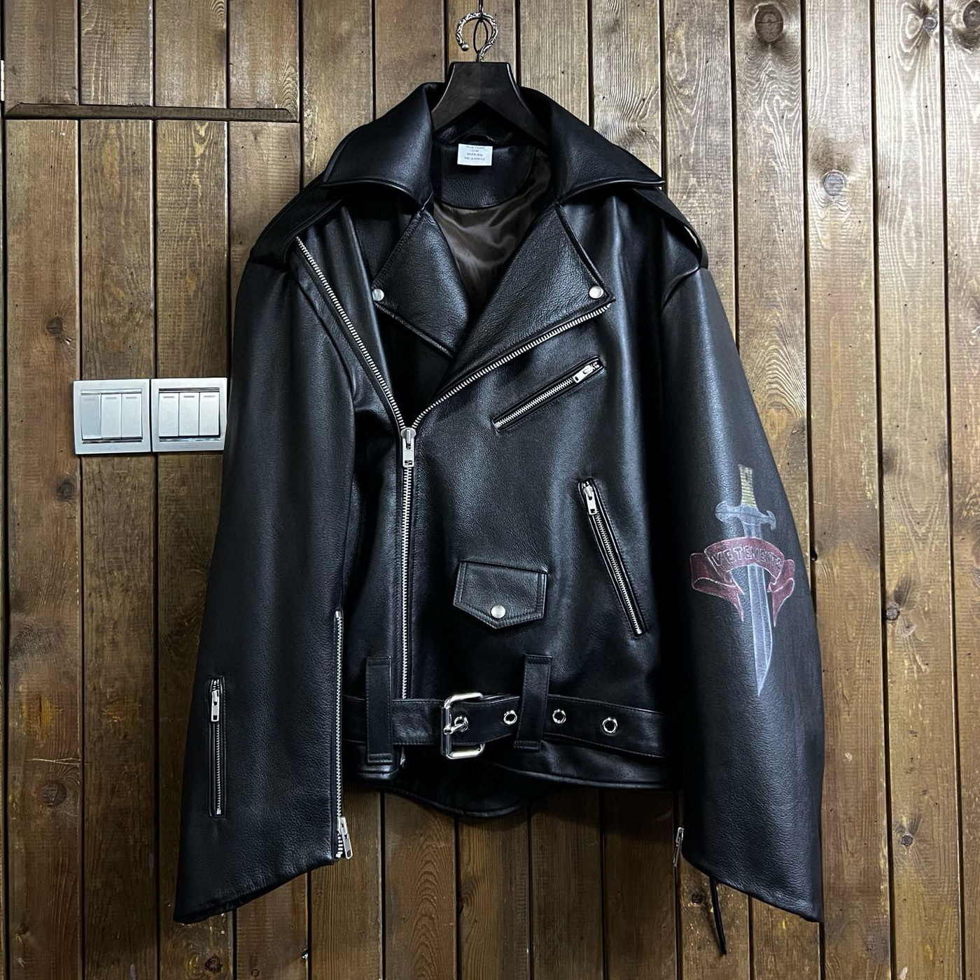 NIGO Vetements 16aw Scorpio Men's Fall/Winter Black Graffiti Printed Biker Multi-Zip Leather Jacket #nigo97922