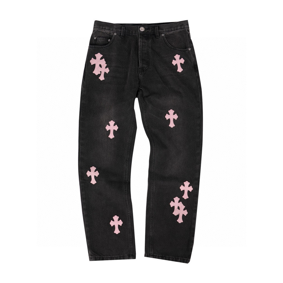 NIGO Chrome Hearts Men's and Women's Spring and Fall Pink Cross Calfskin Labeled Black Jeans Pants #nigo97952