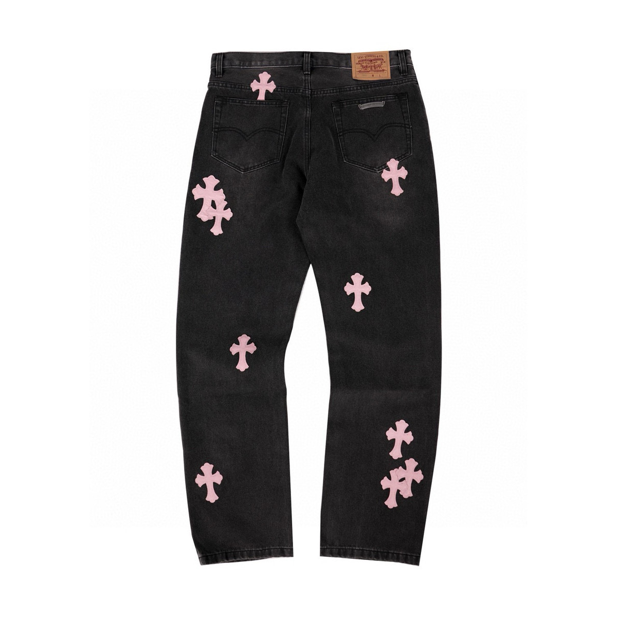 NIGO Chrome Hearts Men's and Women's Spring and Fall Pink Cross Calfskin Labeled Black Jeans Pants #nigo97952