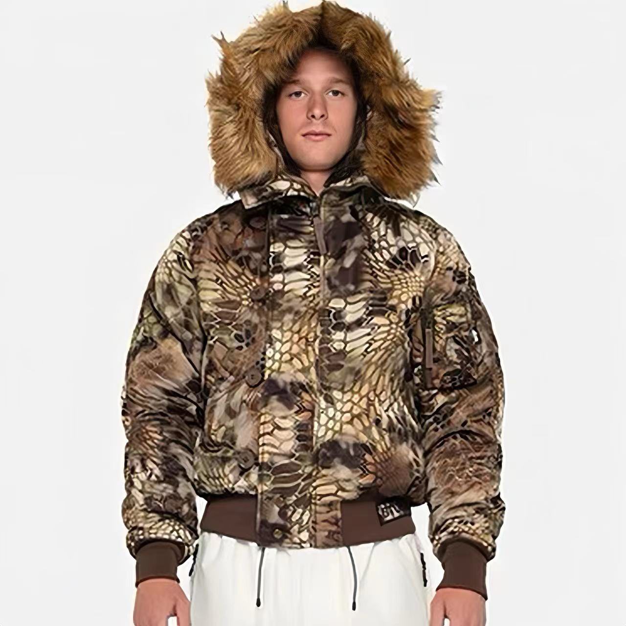 NIGO Stussy Men's And Women's Fall And Winter Fashion Python Print Hooded Fur Collar Short Jacket Casual Thickened Jacket Ngvp#nigo7653