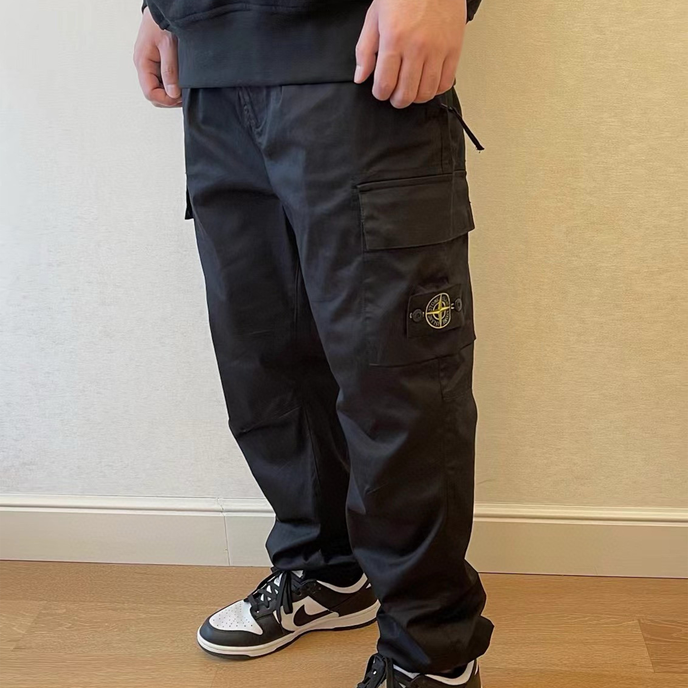 NIGO Stone Island Men's Fall Black Cotton Guide Pin Patch Casual Straight Loose Work Pants #nigo97966