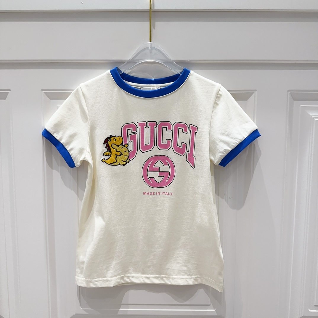 NIGO Gucci Kid's Chinese New Year Collection Logo Print Cotton Summer Short Sleeve Fitted White T-Shirt #nigo31255