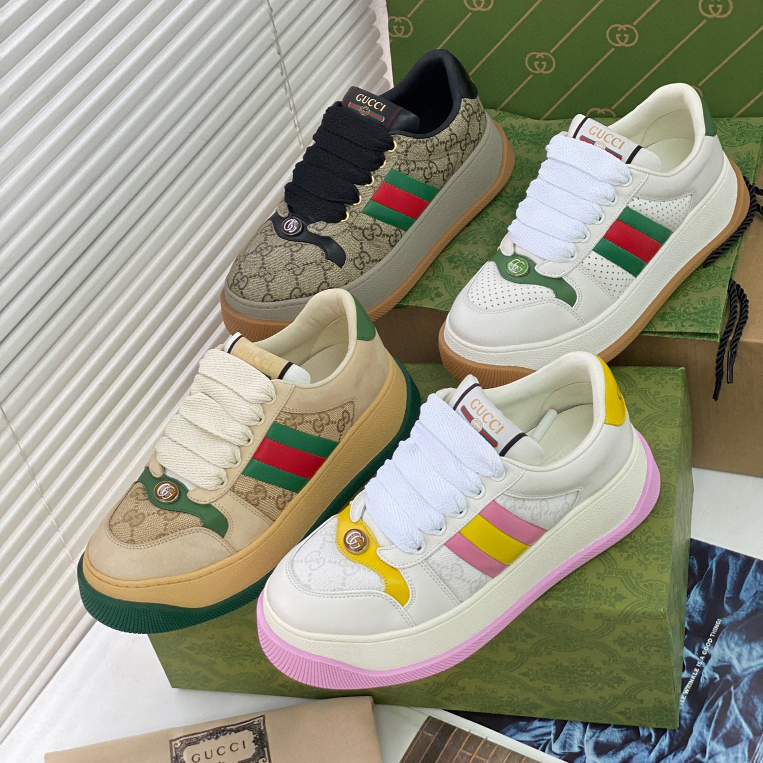 NIGO Gucci Men's and Women's Round Toe Comfort Screener Collection Embellished Webbing Thick Sole Low Top Sneakers Shoes #nigo97999