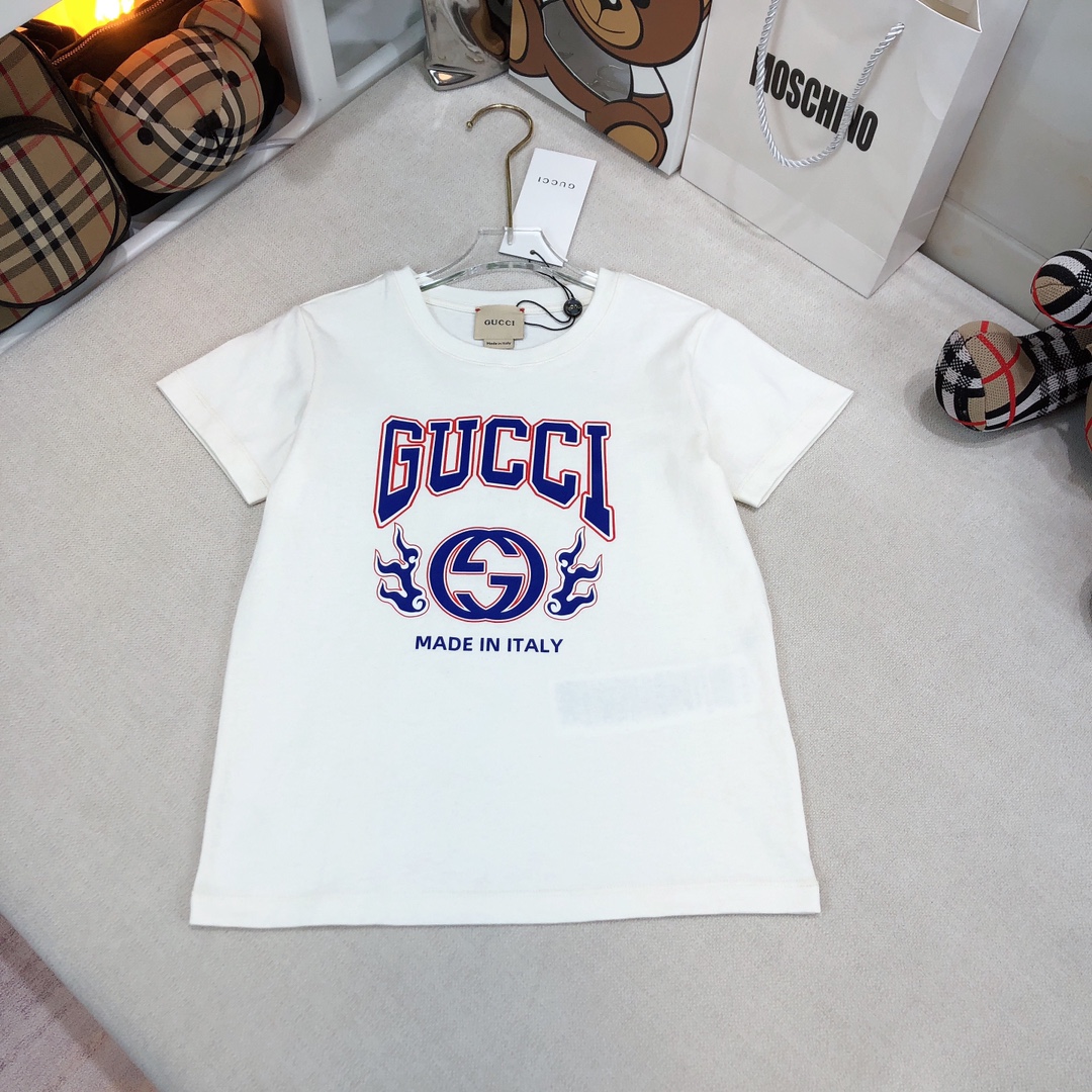 NIGO Gucci Kid's Chinese New Year Collection Summer White Interlocking Double G Print Cotton Round Neck Short Sleeve T-Shirt #nigo31248