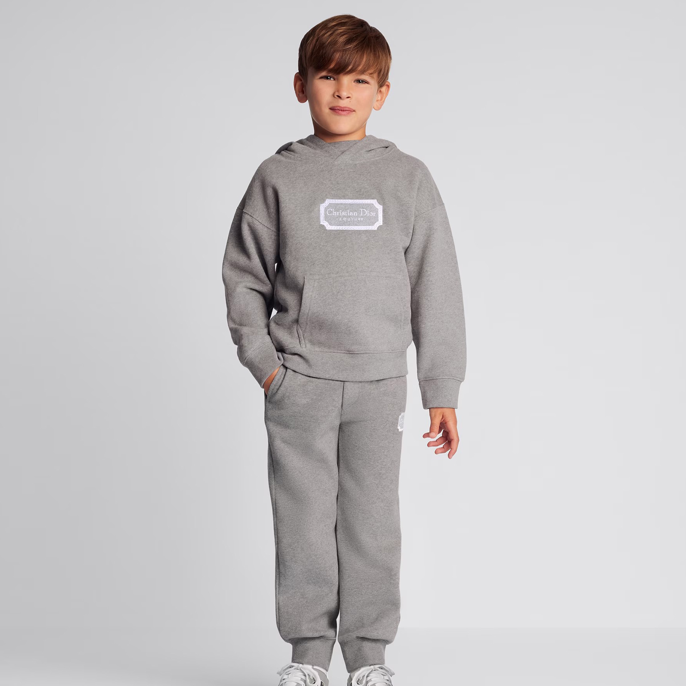 NIGO Dior Kid's Spring And Autumn Gray Letter Embroidery Hooded Long Sleeve Cotton Sweatshirt Drawstring Knit Track Pants Set #nigo31245