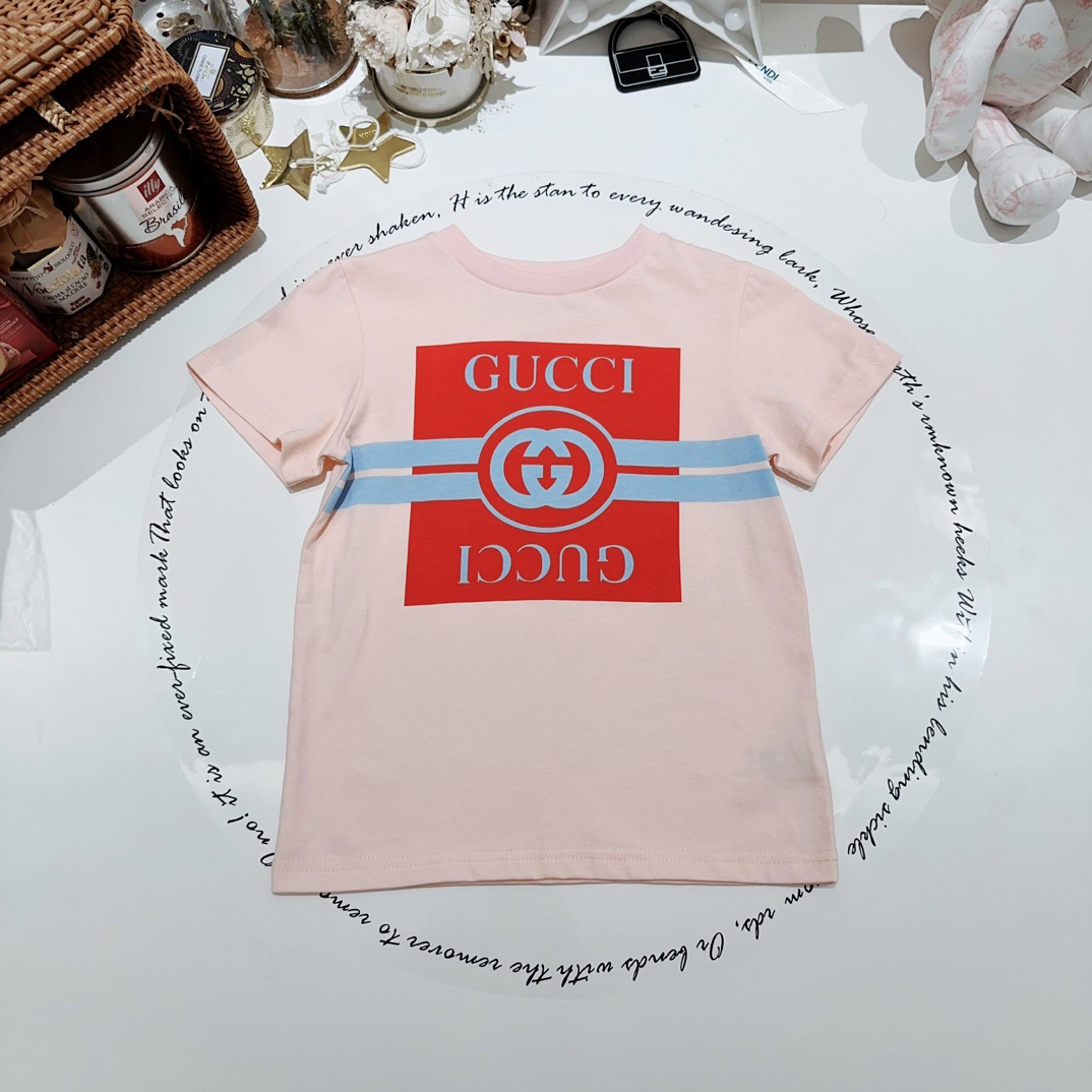 NIGO Gucci Kid's Summer Pink Logo Printed Knit Round Neck Short Sleeve Cotton T-Shirt #nigo31244