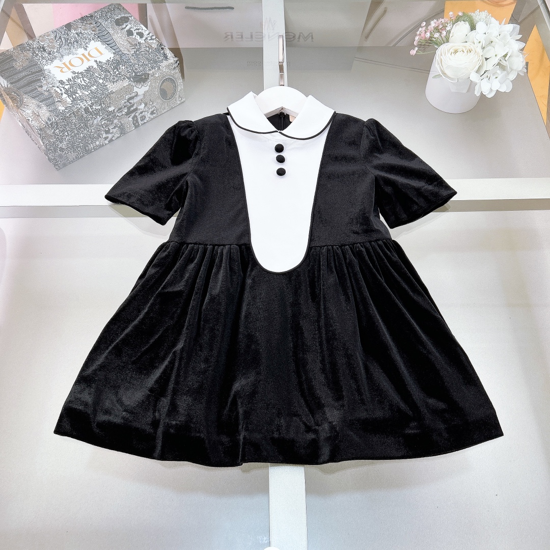 NIGO Gucci Kid's Black Summer Round Neck Button Velvet Short Sleeve Pullover Casual Dresses #nigo31253