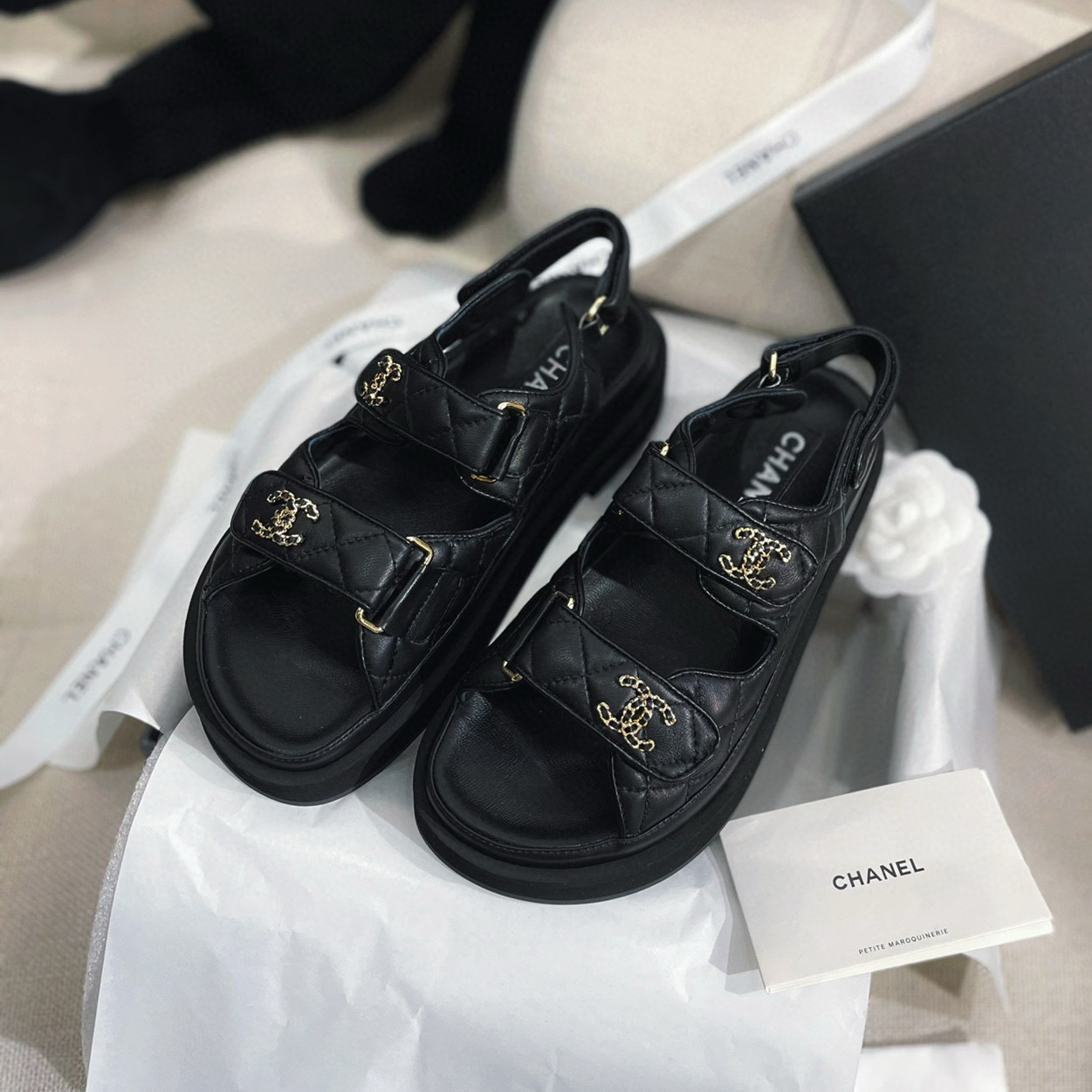 NIGO Chanel Women's Summer Black Gold Double C Velcro Stacked Sheepskin Flat Beach Sandals Shoes #nigo98129