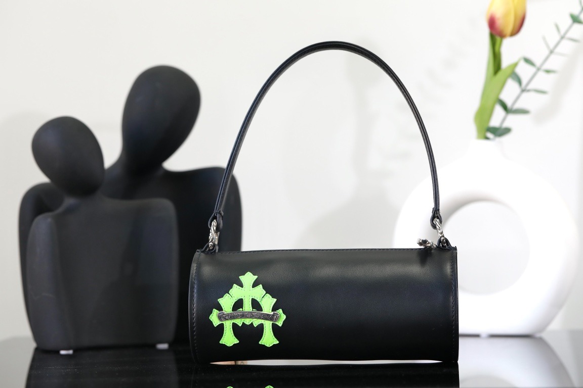 NIGO Chrome Hearts Women's Black Leather Green Cross Label Cylinder Underarm Bag Tote Shoulder Bags #nigo98131