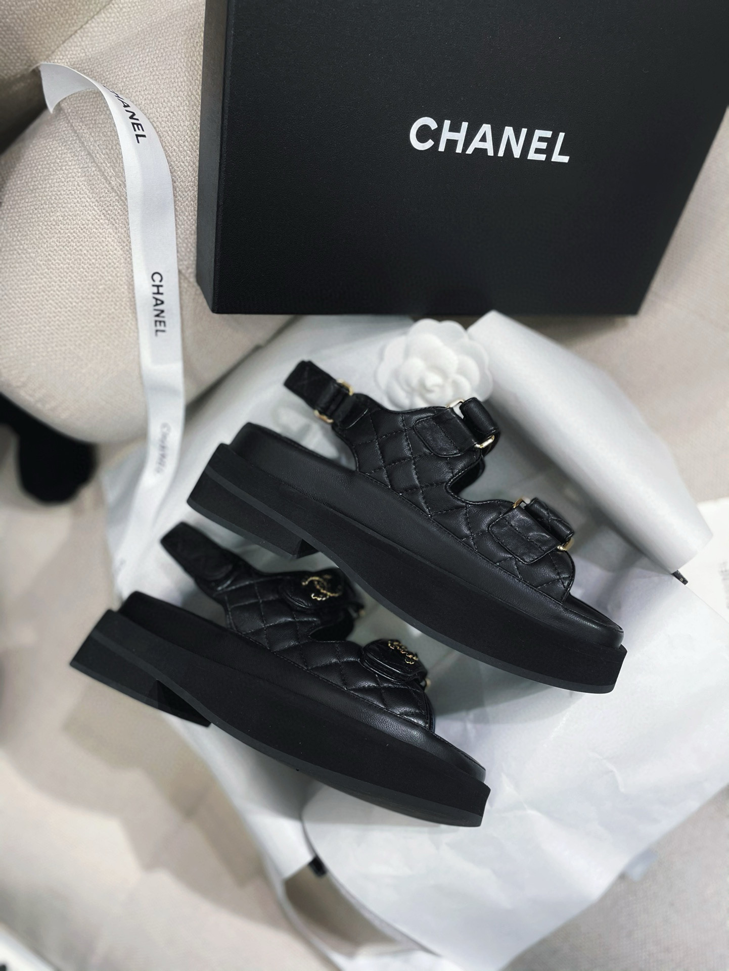 NIGO Chanel Women's Summer Black Gold Double C Velcro Stacked Sheepskin Flat Beach Sandals Shoes #nigo98129