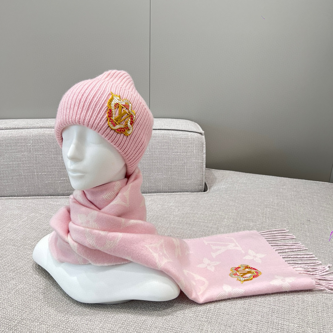 NIGO Louis Vuitton Women's Autumn and Winter Embroidery Pan Long Patch Logo Pink Woolen Fleece Hat Scarf Set #nigo98115