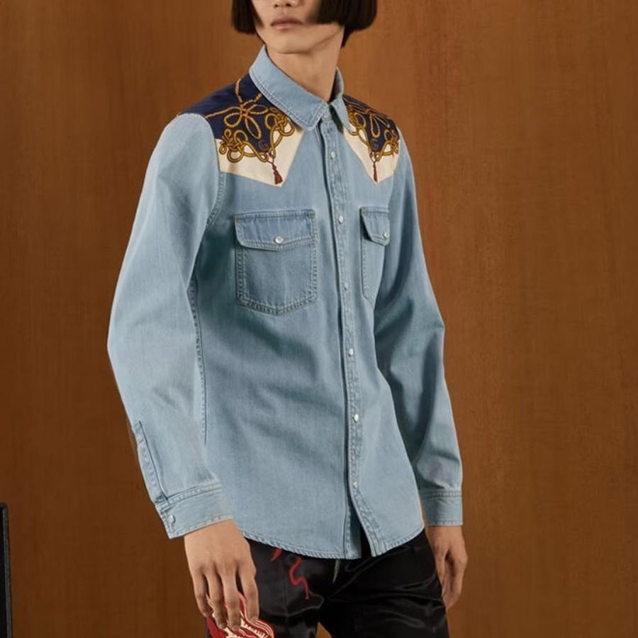 NIGO Gucci Men's Summer Light Blue Geometric Pattern Denim Long Sleeve Single Breasted Shirt Jacket #nigo98142