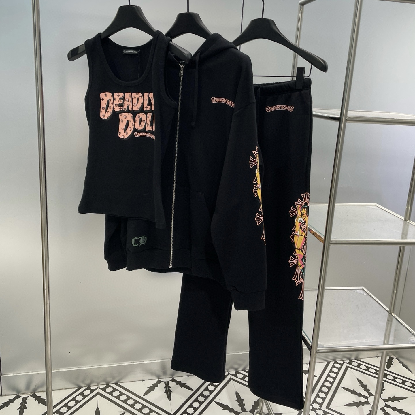 NIGO Chrome Hearts Men's And Women's Fall/Winter Fan Cross Graffiti Print Black Hooded Zipper Jacket Knit Vest Stretch Sweatpants Pants Set Suit #nigo98138