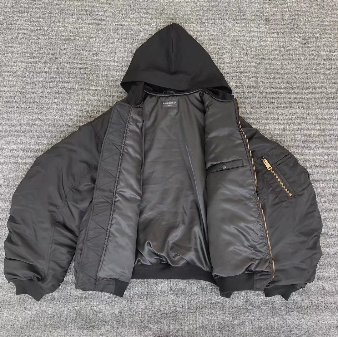 NIGO Balenciaga Men's Winter Black Nylon Embroidered Logo Hooded Pilot Zipper Long Sleeve Jacket #nigo98145