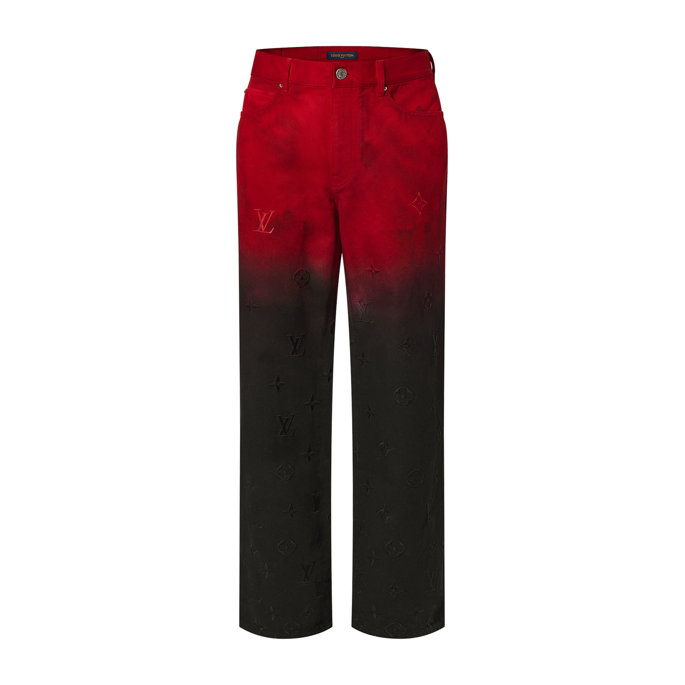 NIGO Louis Vuitton Men's Fall/Winter Black and Red Gradient Embroidered Logo Patterns Straight Leg Jeans Pants #nigo98169