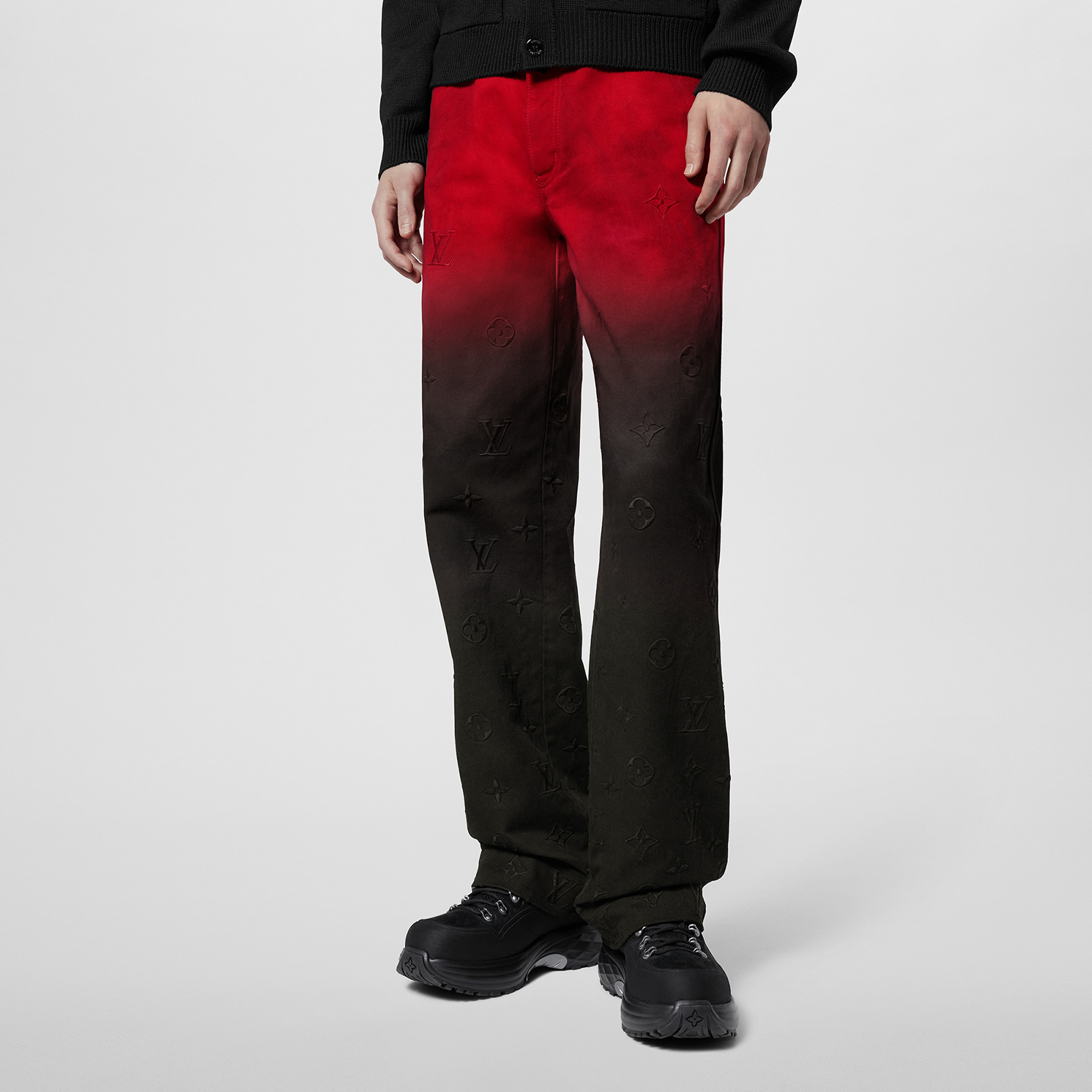 NIGO Louis Vuitton Men's Fall/Winter Black and Red Gradient Embroidered Logo Patterns Straight Leg Jeans Pants #nigo98169
