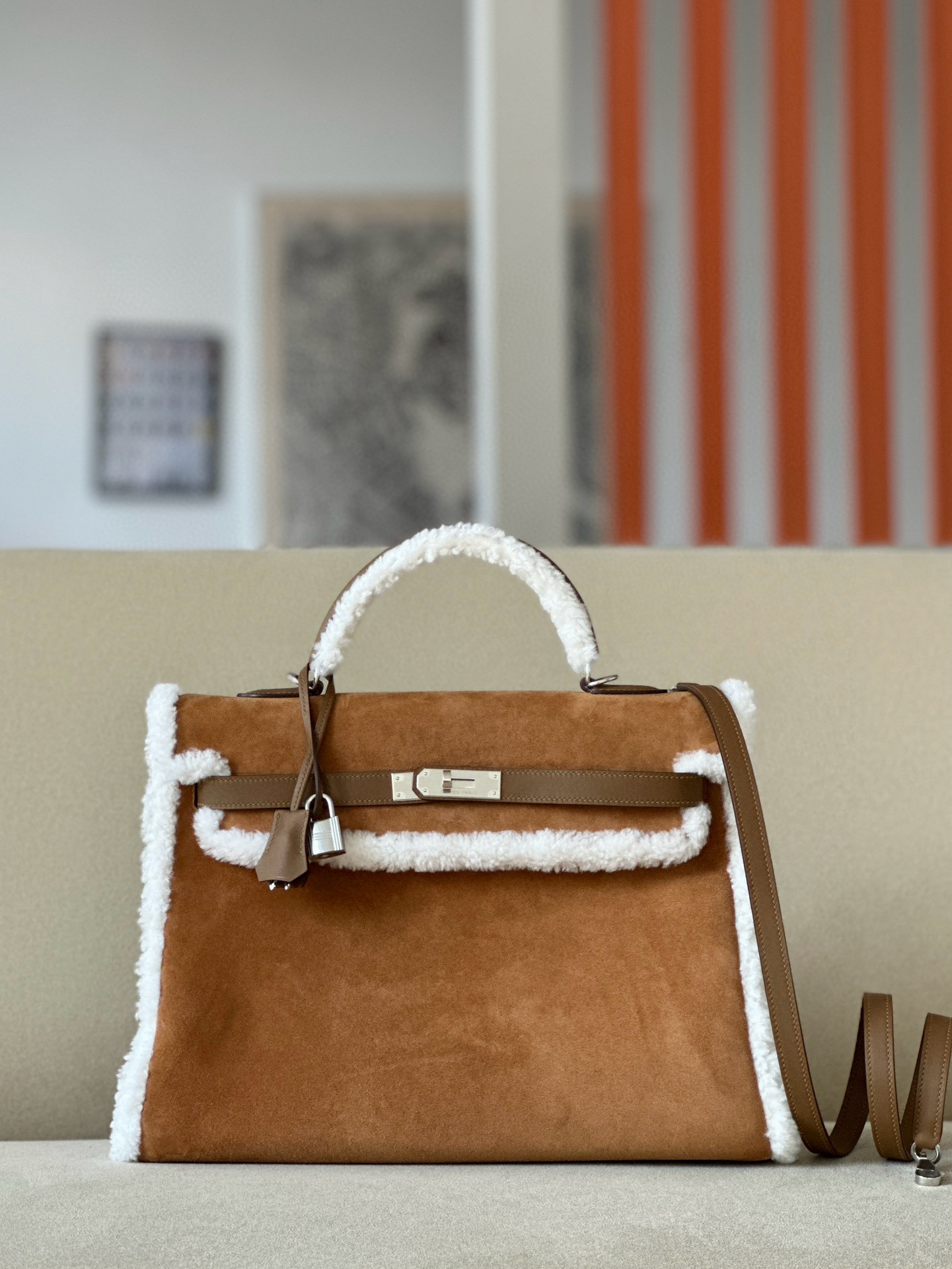 NIGO Hermes Shearling & Ébène Barénia Retourne Kelly 35 Women's Brown Suede Cashmere Patchwork Shoulder Crossbody Handbag Bag Bags #nigo98174