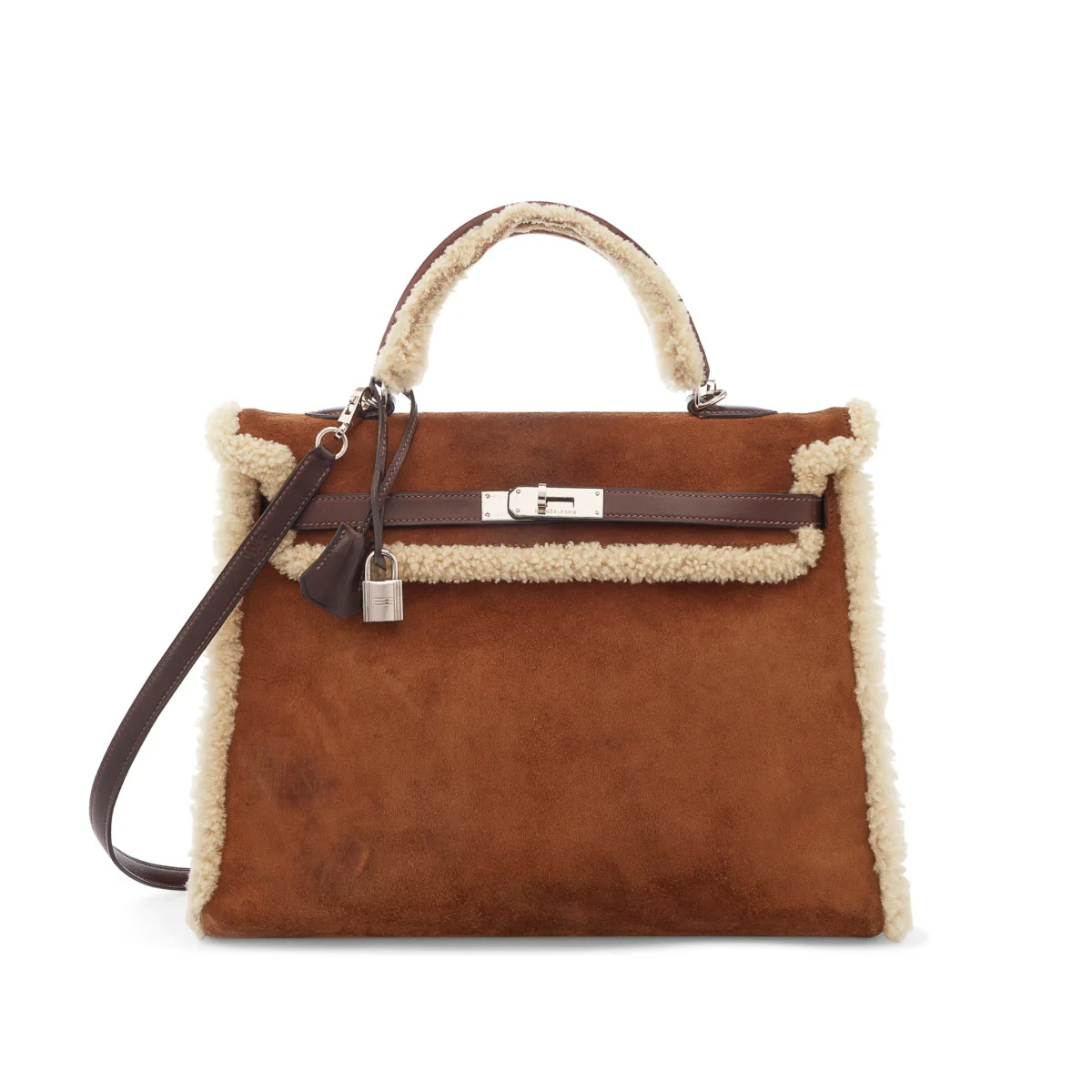 NIGO Hermes Shearling & Ébène Barénia Retourne Kelly 35 Women's Brown Suede Cashmere Patchwork Shoulder Crossbody Handbag Bag Bags #nigo98174