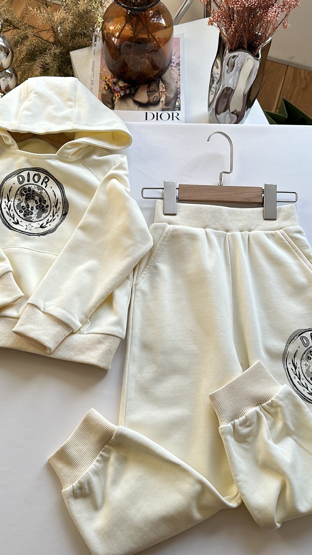 NIGO Dior Kid's Spring And Autumn Solid Color Letter Print Long Sleeve Hooded Sweatshirt Fashion Cotton Sweatpants Set #nigo31258