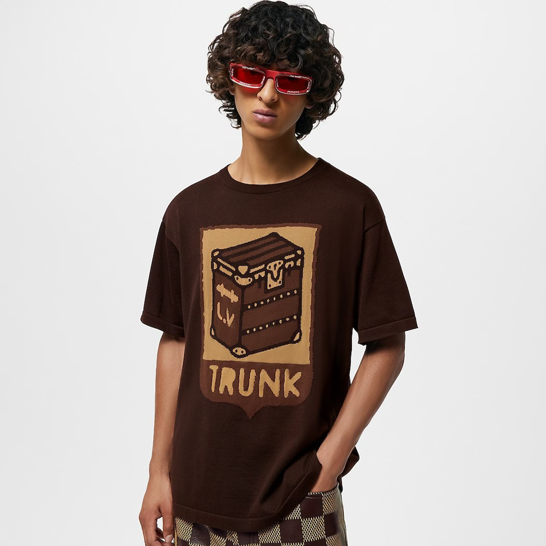 NIGO Louis Vuitton Men's Summer Brown Casual Short Sleeve Cotton Loose Intarsia Crewneck T-shirt #nigo98224
