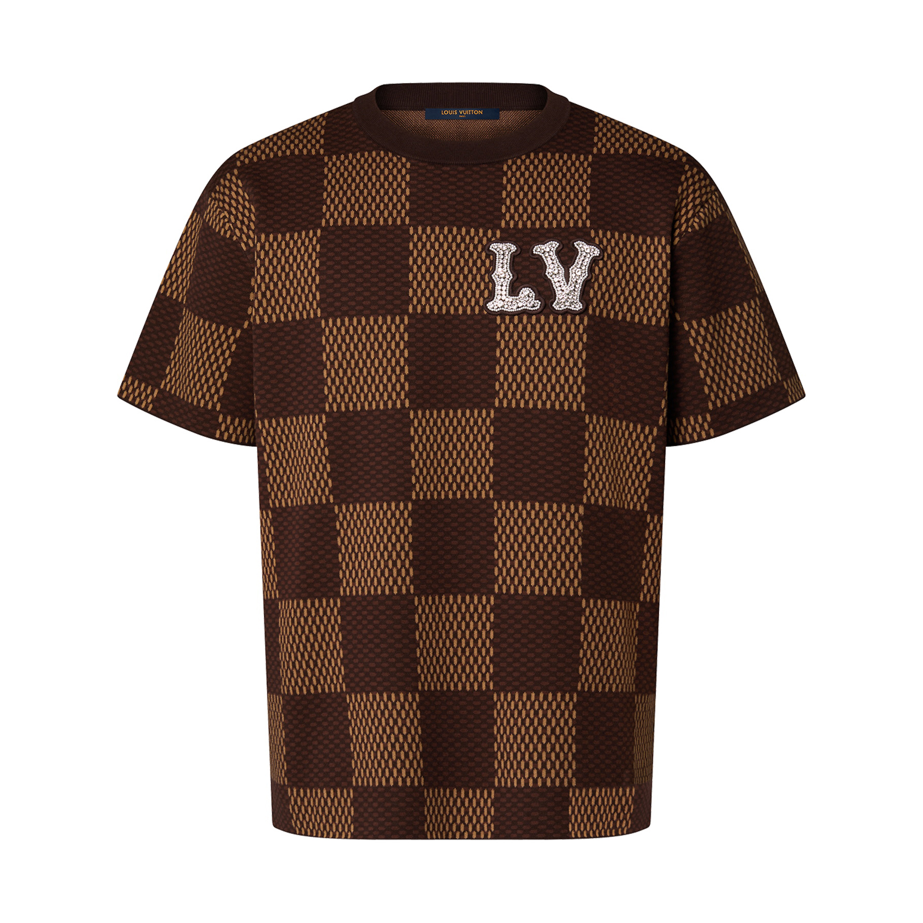 NIGO Louis Vuitton Men's Summer Brown DAMIER LV Faux Crystal Logo Checkerboard Cotton Short Sleeve Round Neck T-Shirt #nigo98212