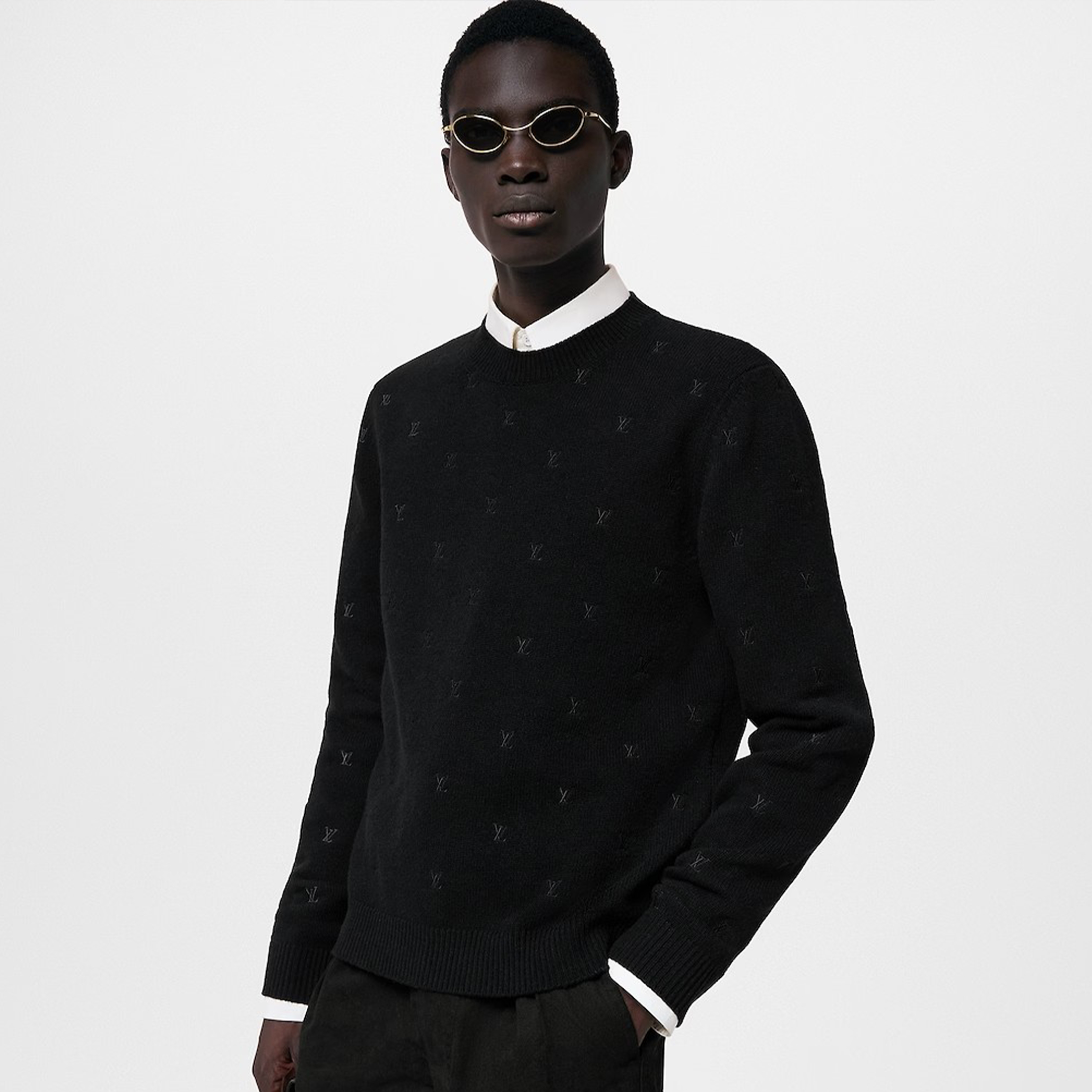 NIGO Louis Vuitton Men's Fall And Winter Black Long Sleeve Logo Embroidered Signature Merino Crewneck Sweater #nigo98236