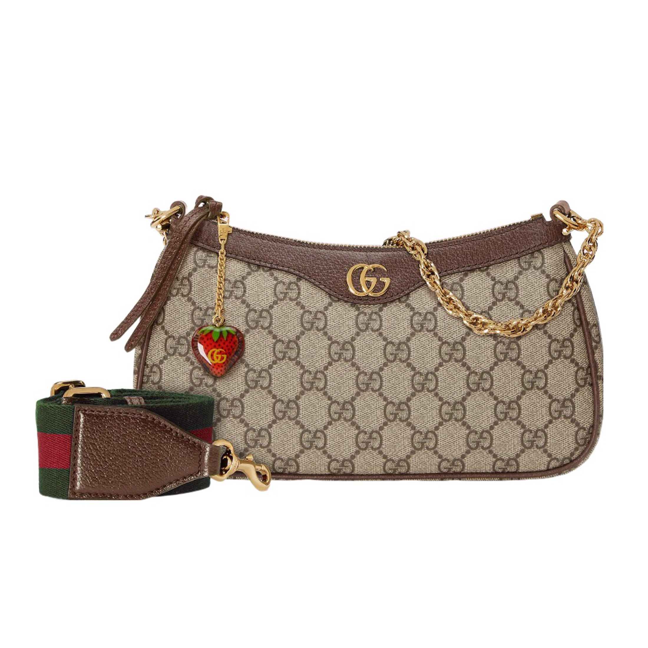 NIGO Gucci Women's Strawberry Logo Hanging Chain Mahjong Bag Classic Fashion Old Flower Canvas Handbag #nigo98255