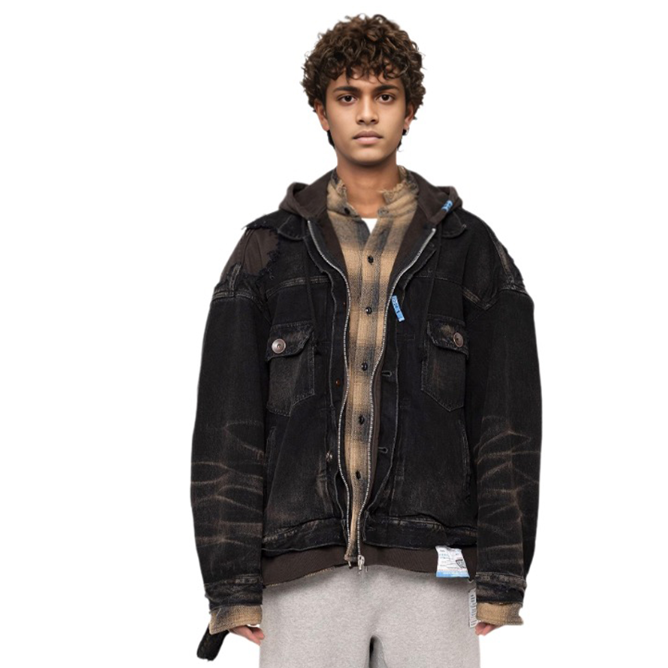 NIGO Maison Mihara Yasuhiro Men's Black Hooded Zipper Long Sleeve Fitted Jacket Multi-Layer Destroyed Plaid Spliced Denim Jacket #nigo98254