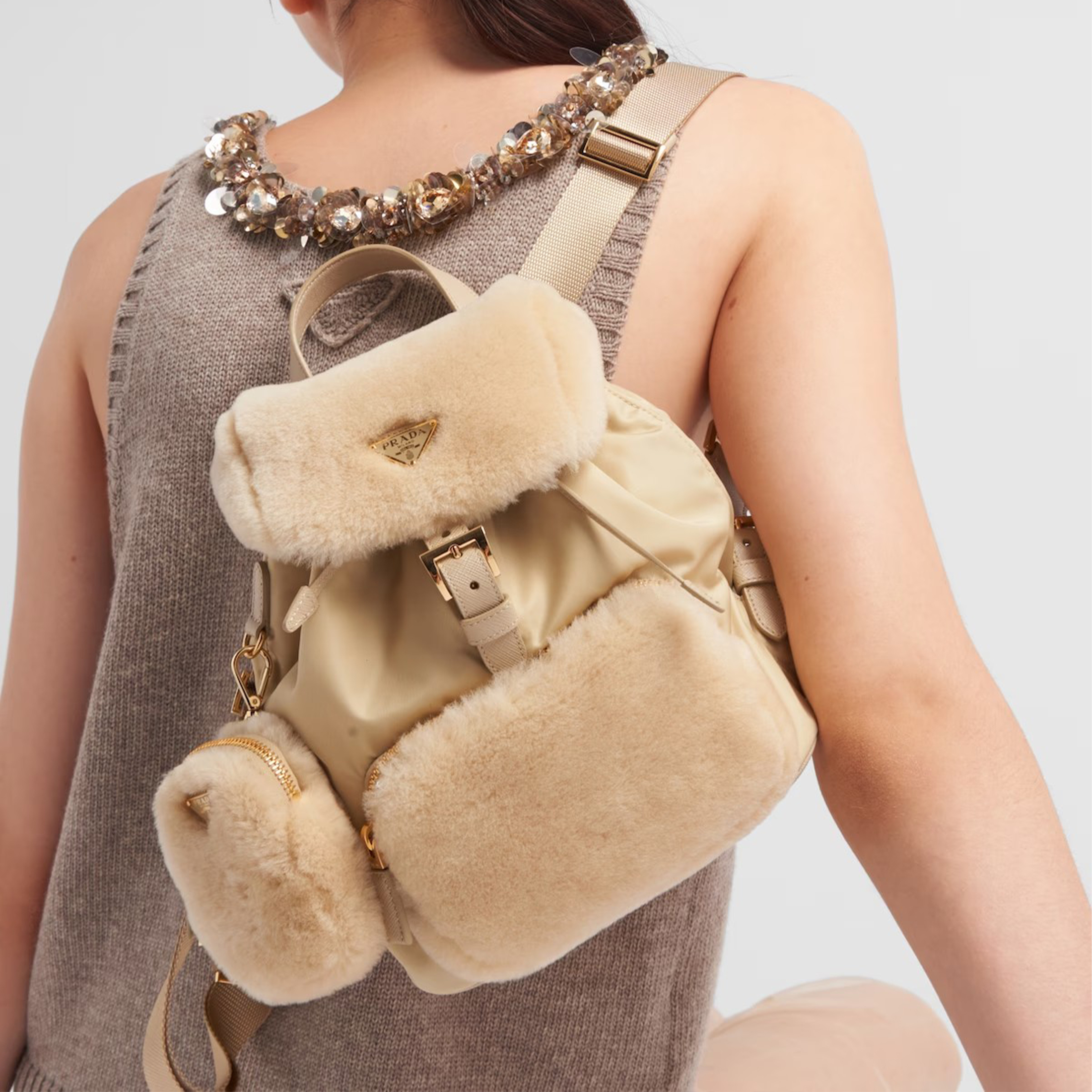 NIGO Prada Women's Fashion Re-Nylon And Shearling Backpack Shoulder Bag #nigo98287