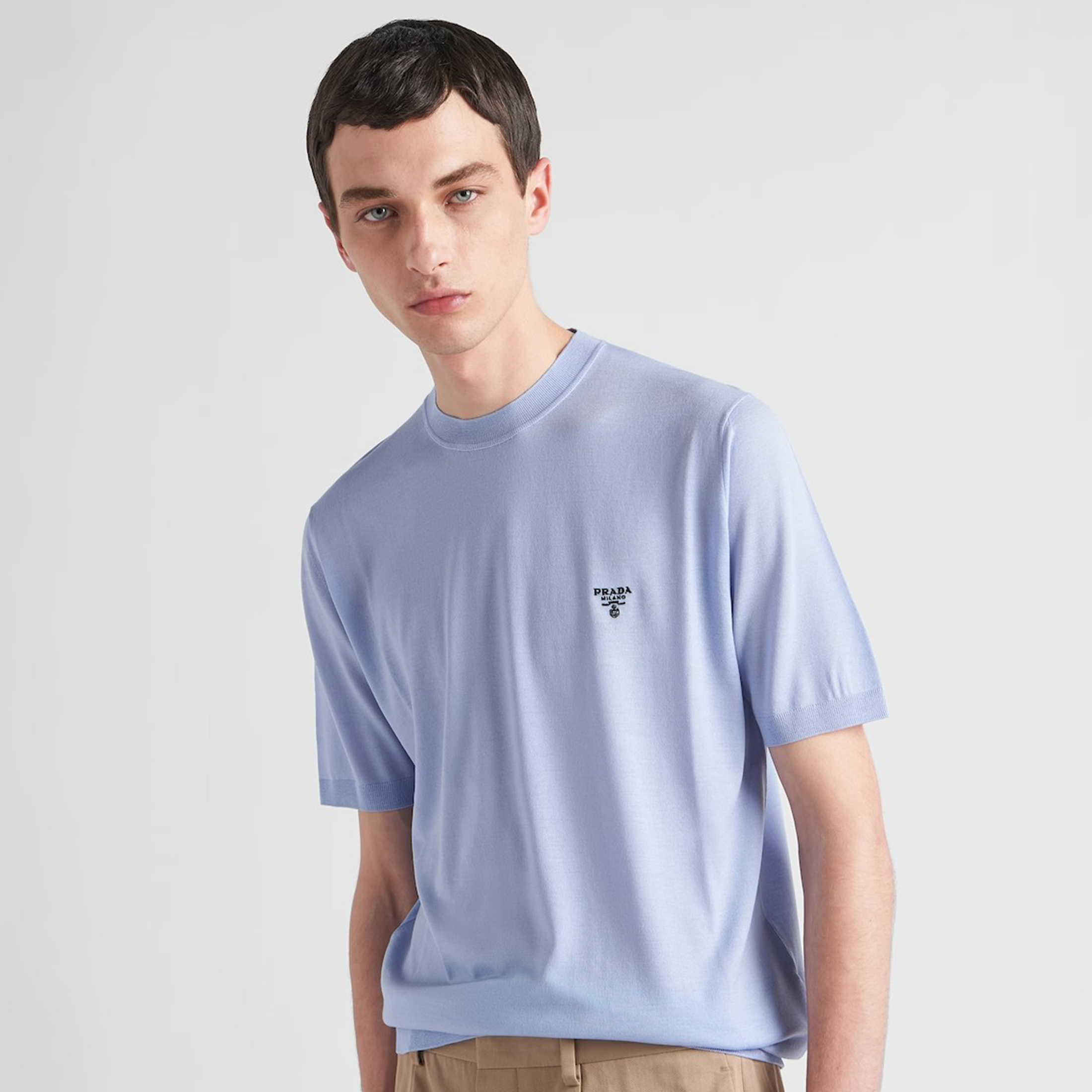 NIGO Prada Men's Spring/Summer Solid Color Logo Embroidery Superfine Wool Crew Neck Short Sleeve Sweater #nigo98319